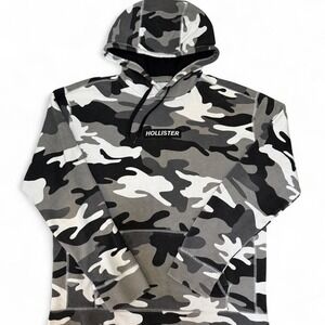 Hollister Grey Camo Hoodie, Men's Size L — Camouflage Fleece Pullover